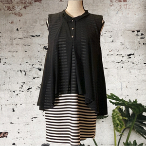 LAVENA- black & white stripe sleeveless dress with sheer black swing overlay